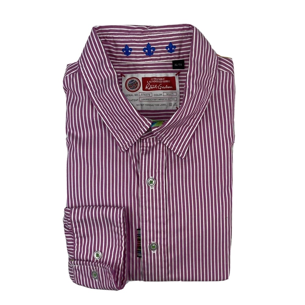 Robert Graham Mens XL Pink White Striped Cotton Button Front Shirt Long Sleeve